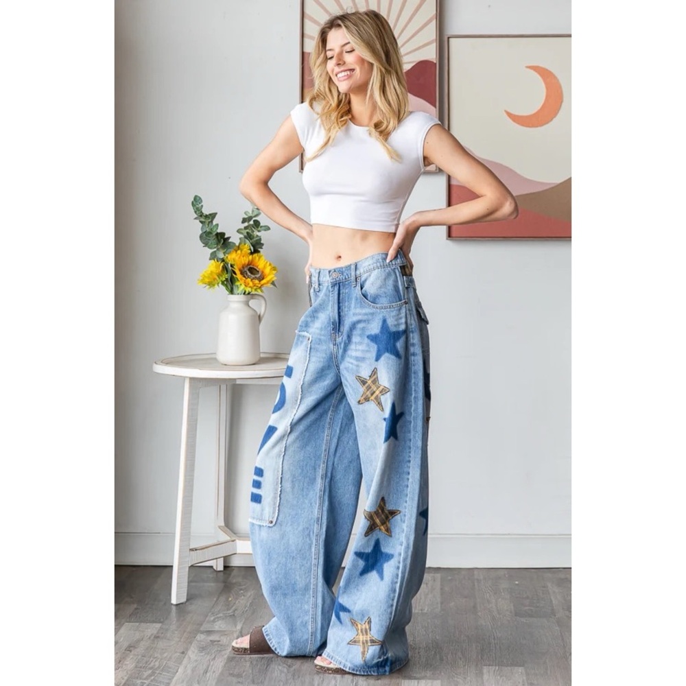 Oli & Hali Washed Star Love Patchwork Jeans with Plaid - Picture 8 of 8